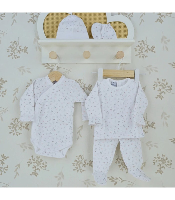 Conjunto nacimiento flor bebé marfil de algodón con estampado floral y accesorios