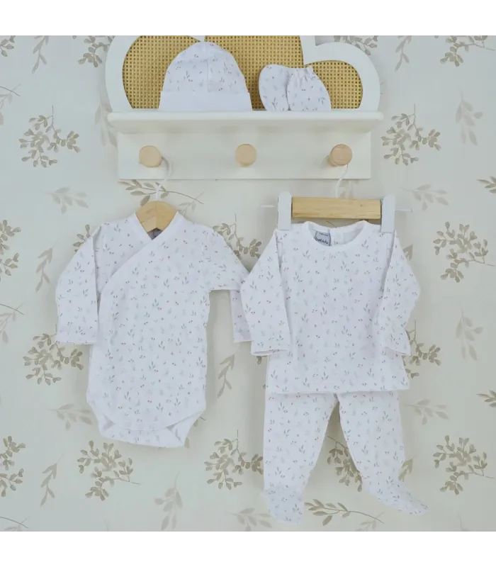 Conjunto nacimiento flor bebé marfil de algodón con estampado floral y accesorios