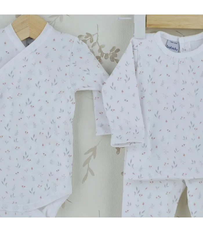 Conjunto nacimiento flor bebé marfil de algodón con estampado floral y accesorios