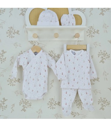 Conjunto nacimiento banda marfil de algodón con estampado floral, pelele y gorrito