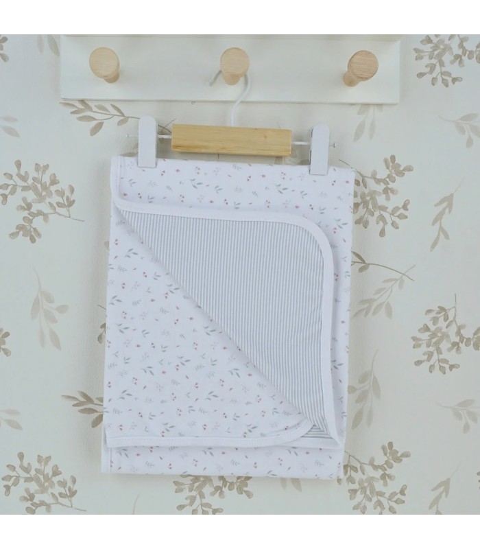 Arrullo reversible flor bebé marfil de algodón con estampado floral y reverso de rayas