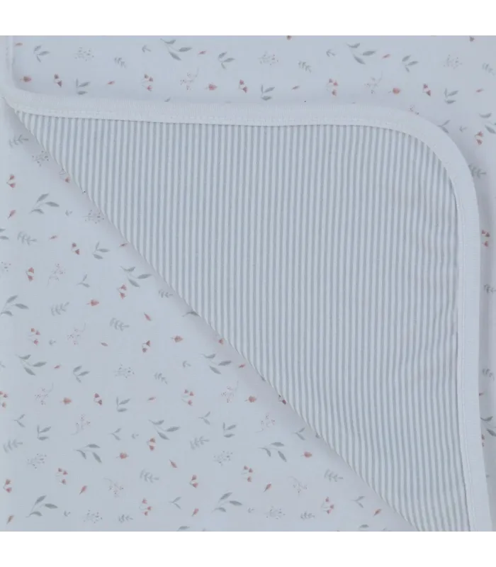 Arrullo reversible flor bebé marfil de algodón con estampado floral y reverso de rayas