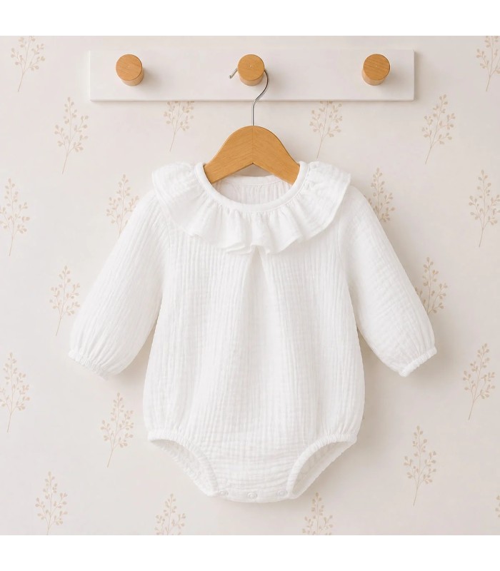 Pelele Estena bebé natural de 100% algodón con textura ligera y amplio cuello de volante Calamaro
