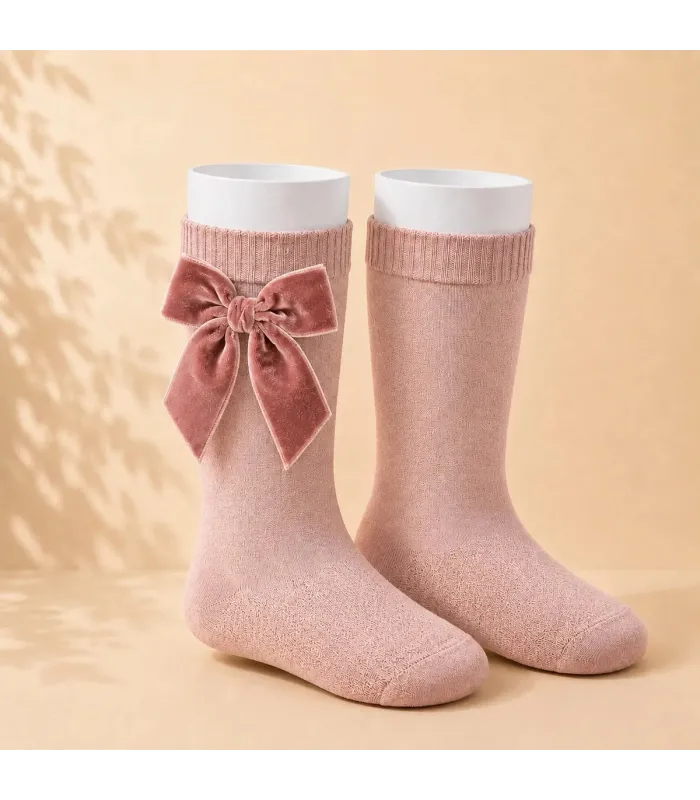 Calcetín Lazo Terciopelo Cóndor Rosa Palo 526 para bebé y niña