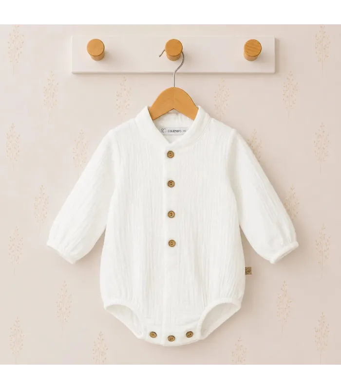 Pelele Estena Natural de algodón 100% para bebé con cuello camisero y botones efecto madera