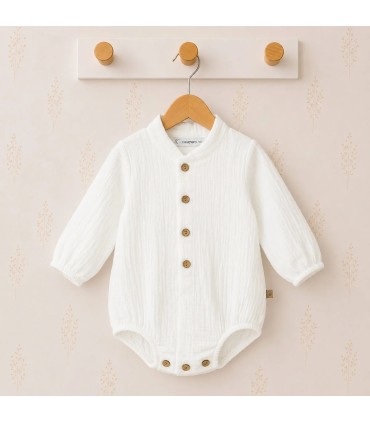 Pelele Estena Natural de algodón 100% para bebé con cuello camisero y botones efecto madera