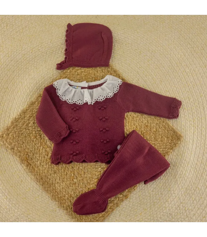 Conjunto bebé Aramis ciruela de punto con polaina y capota Dulce de Fresa
