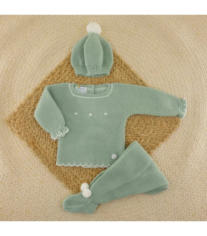 Conjunto de lana verde empolvado con bodoques, polaina y capota Dulce de Fresa