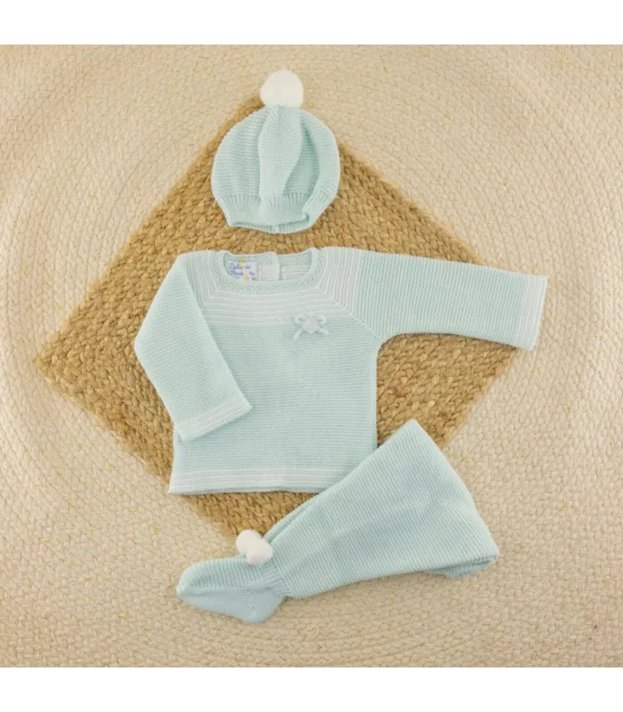 Conjunto de lana verde agua con jersey, polaina y capota Dulce de Fresa