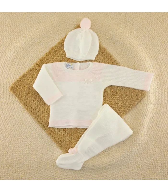 Conjunto de lana blanco con detalles rosas, polaina y capota Dulce de Fresa