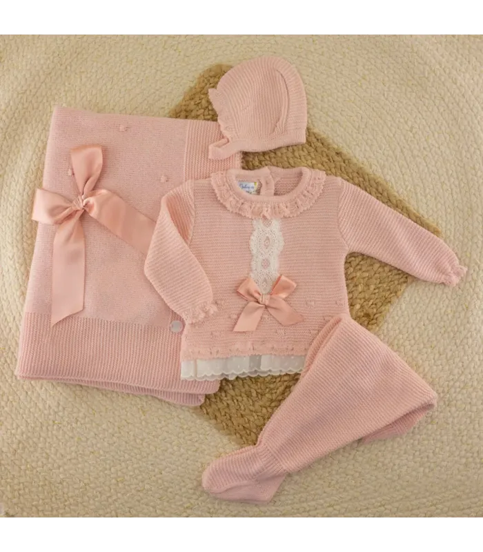 Conjunto bebé Helen rosa dulce con jersey, polaina y capota Dulce de Fresa
