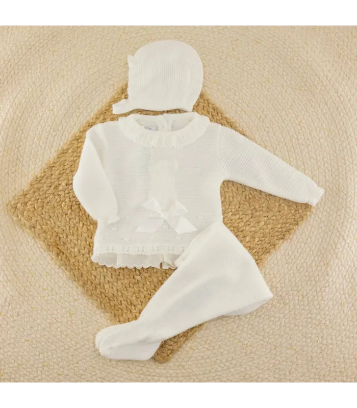 Conjunto bebé Helen blanco de punto con jersey, polaina y capota Dulce de Fresa