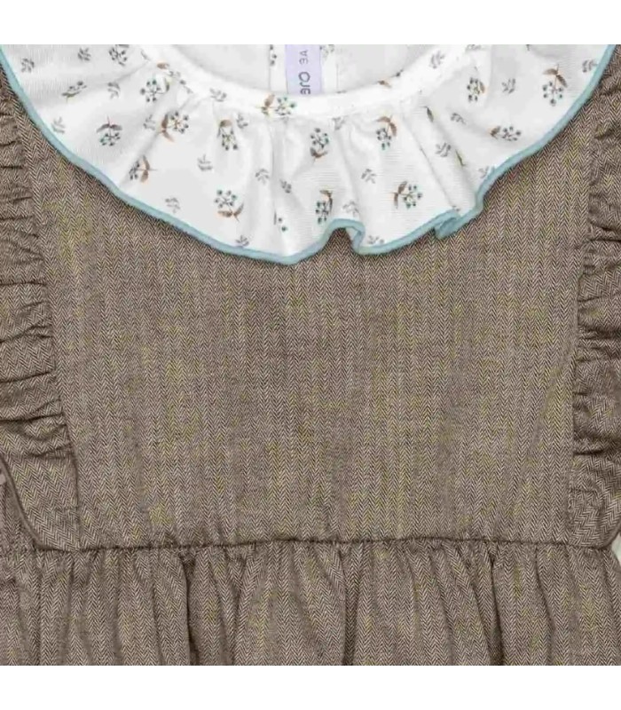 Detalles del Conjunto Pichi niña chocolate algodón vestido volante blusa cuello volante ribete celeste