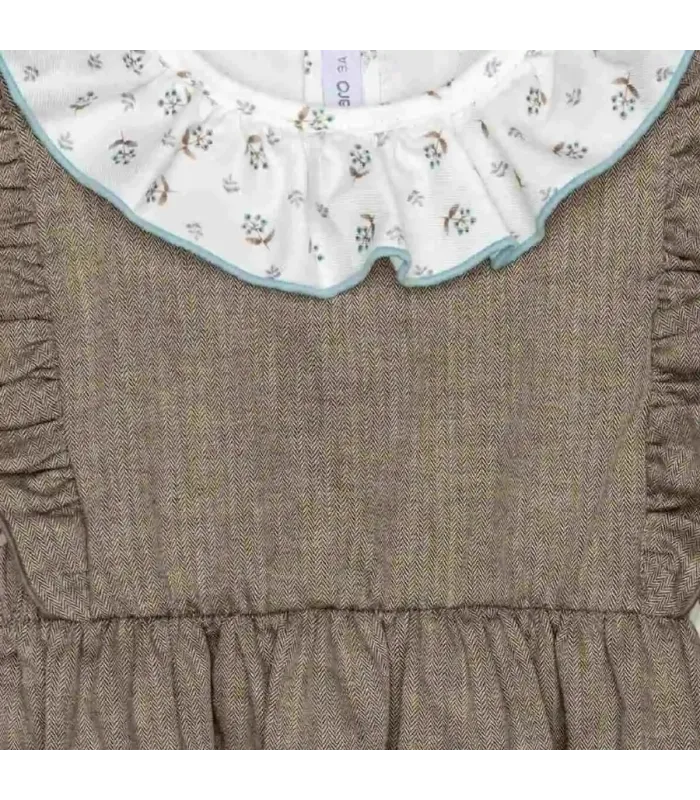 Detalles del Conjunto Pichi niña chocolate algodón vestido volante blusa cuello volante ribete celeste