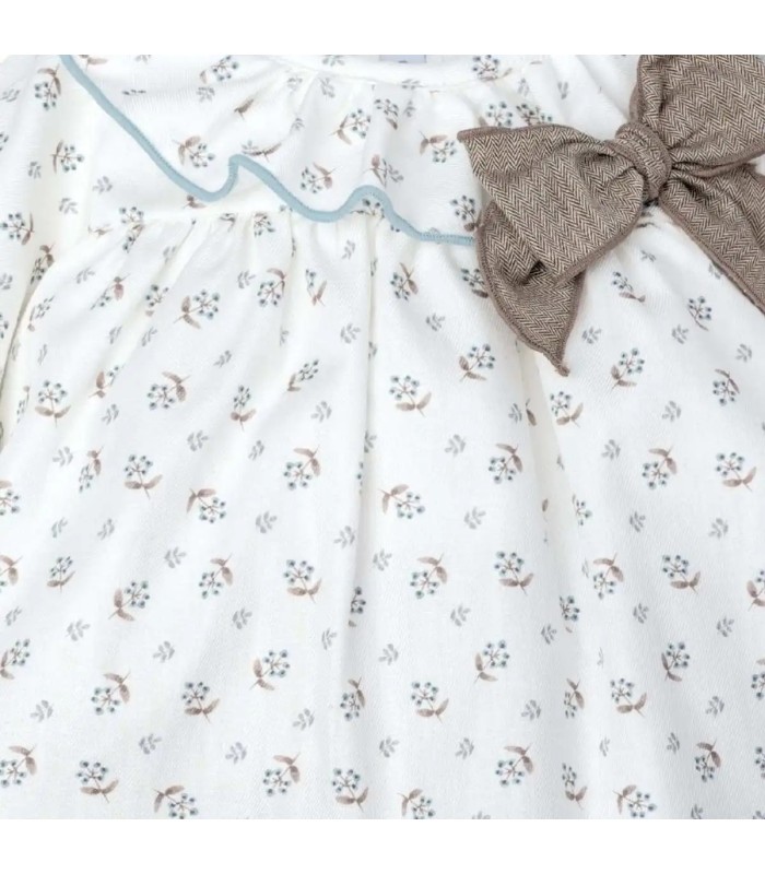 Detalles del Jesusito bebé crudo estampado algodón cuello volante ribete celeste lazo tostado