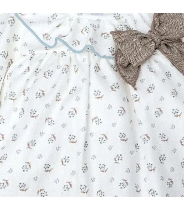 Detalles del Jesusito bebé crudo estampado algodón cuello volante ribete celeste lazo tostado