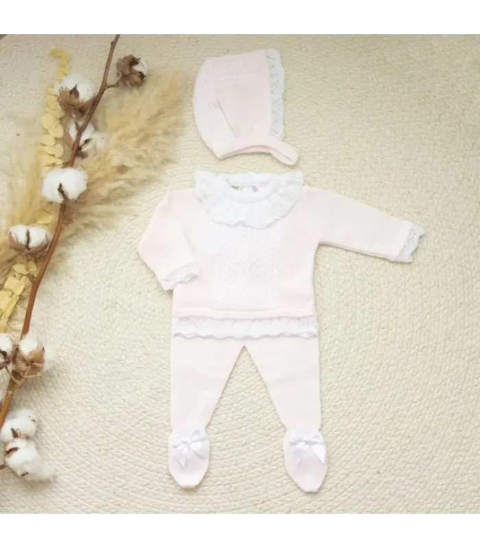 Conjunto de lana Abelia crudo y rosa de Dulce de Fresa