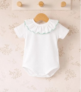 body bebé blanco cuello volante ribete verde agua mint algodón suave detalle verano