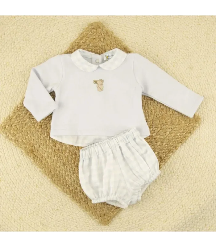 Conjunto bebé niño Inglaterra con jersey blanco de manga larga y braguita de cuadros con osito bordado