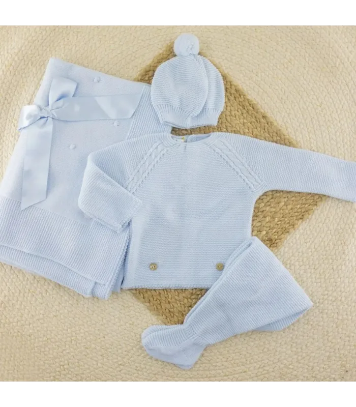 Conjunto de lana celeste punto de arroz con jersey, polaina y capota Dulce de Fresa