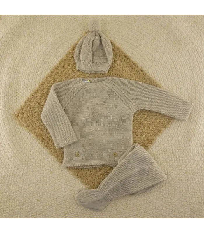 Conjunto punto de arroz piedra con jersey, polaina y capota Dulce de Fresa