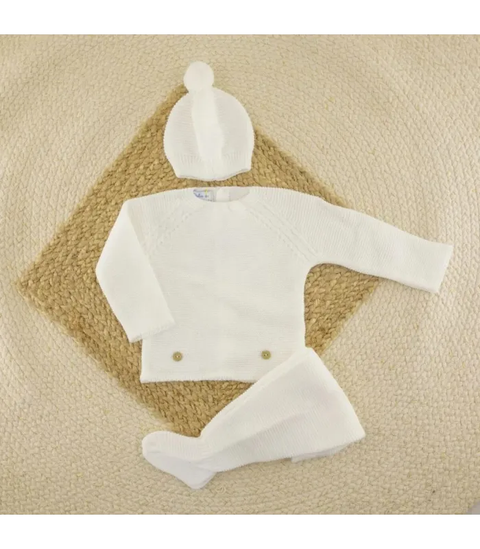 Conjunto de lana blanco punto de arroz con jersey, polaina y capota Dulce de Fresa