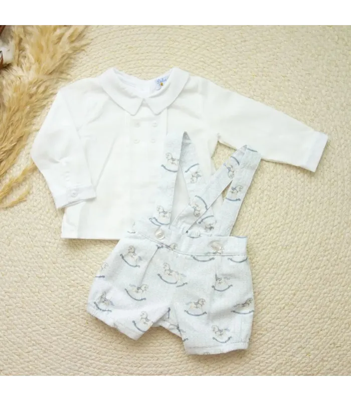 Conjunto bebé niño Peto Balancines con camisa blanca de manga larga y peto corto estampado en tonos azul celeste y gris