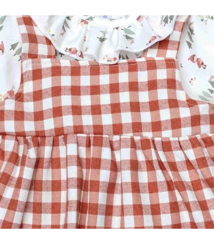 Diseño del Jesusito bebé terracota vichy vestido vuelo blusa algodón cuello volante pololo conjunto elegante