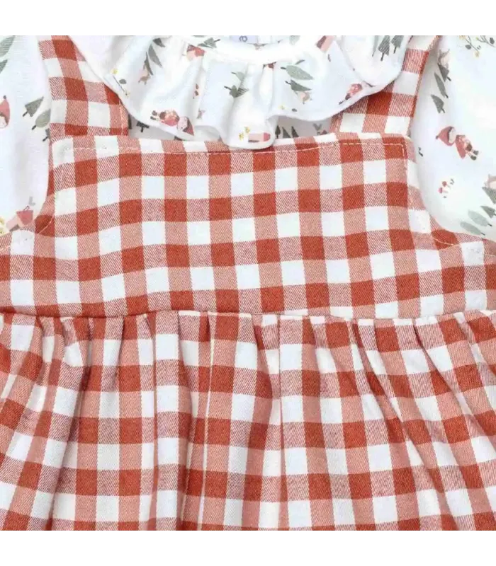 Diseño del Jesusito bebé terracota vichy vestido vuelo blusa algodón cuello volante pololo conjunto elegante