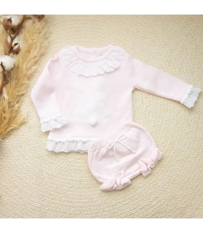 Conjunto rosa de jersey y braguita con conejito y pompón