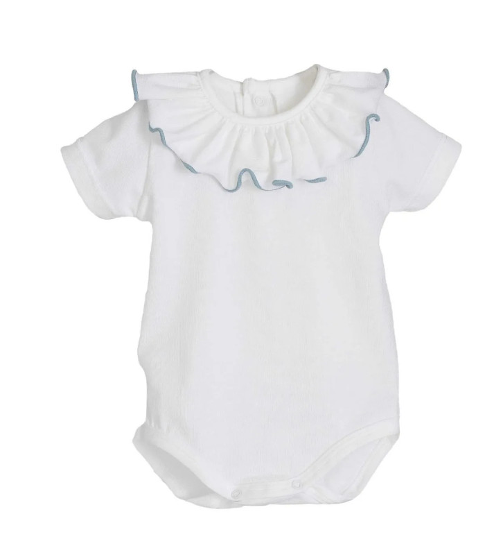body bebé blanco cuello volante ribete verde agua mint algodón suave detalle verano, foto catalogo.