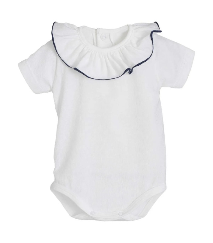 body bebé blanco cuello volante ribete azul marino algodón suave detalle verano elegante, fotos catalogo.