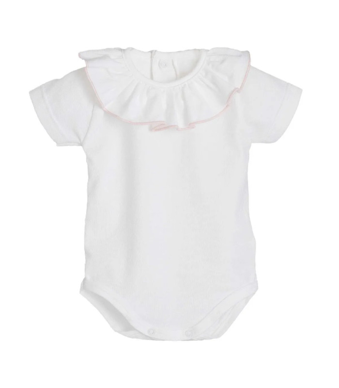 body bebé blanco cuello volante rosa empolvado algodón suave detalle verano dulce, foto catalogo.