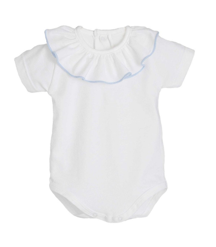 body bebé blanco cuello volante ribete celeste algodón suave detalle verano elegante, foto catalogo.