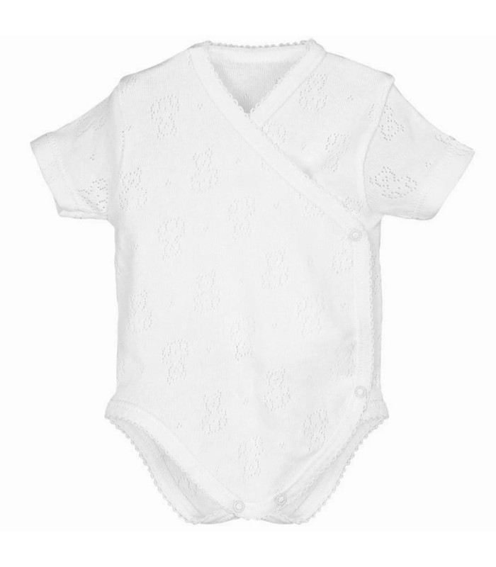 Body bebé blanco cruzado manga corta calado ositos Calamaro, foto catalogo.