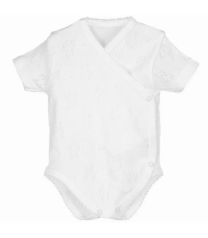 Body bebé blanco cruzado manga corta calado ositos Calamaro, foto catalogo.