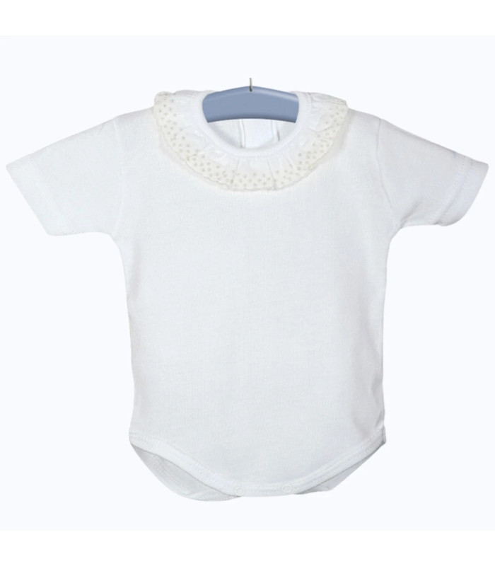 Body bebé crudo cuello puntilla manga corta Calamaro, foto catalogo.