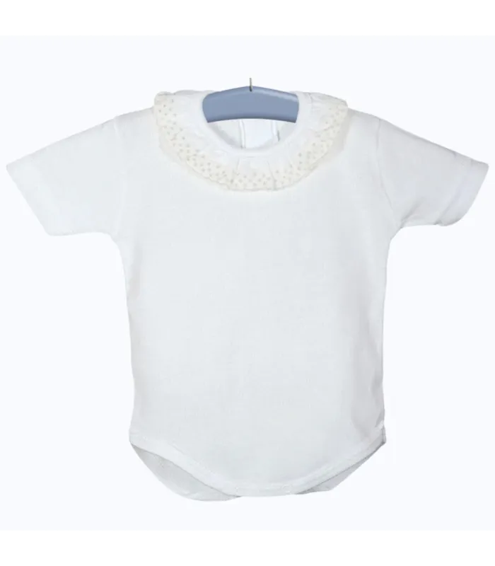 Body bebé crudo cuello puntilla manga corta Calamaro, foto catalogo.