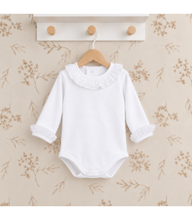 Body bebé blanco con cuello y puños de puntilla de algodón suave Calamaro para recién nacido