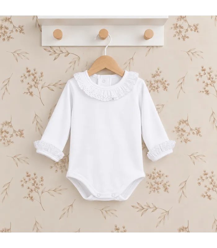 Body bebé blanco con cuello y puños de puntilla de algodón suave Calamaro para recién nacido