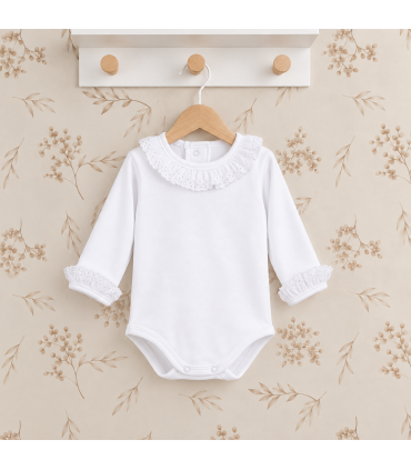 Body bebé blanco con cuello y puños de puntilla de algodón suave Calamaro para recién nacido