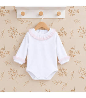 Body para bebé rosa de algodón con cuello de puntilla, manga larga y tejido suave Calamaro Man