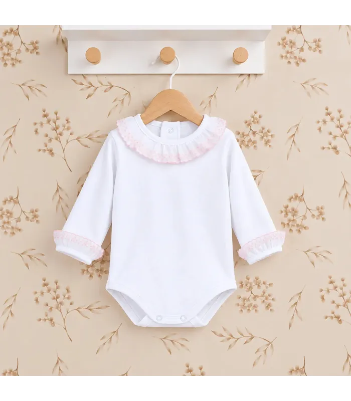 Body para bebé rosa de algodón con cuello de puntilla, manga larga y tejido suave Calamaro Man