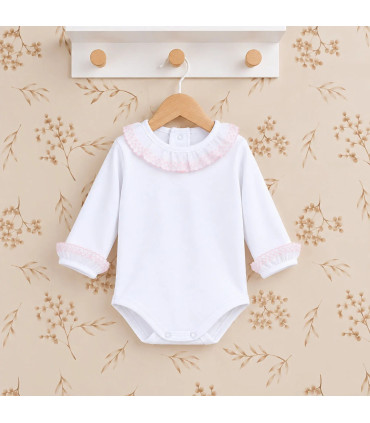 Body para bebé rosa de algodón con cuello de puntilla, manga larga y tejido suave Calamaro Man