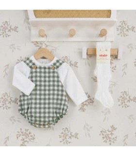 Conjunto bebé verde Peto vichy tirantes botones madera camiseta algodón detalle clásico resistente