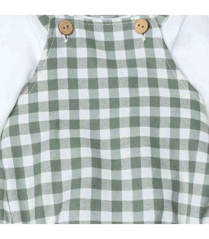 Diseño del conjunto bebé verde peto vichy tirantes botones madera camiseta algodón detalle clásico resistente