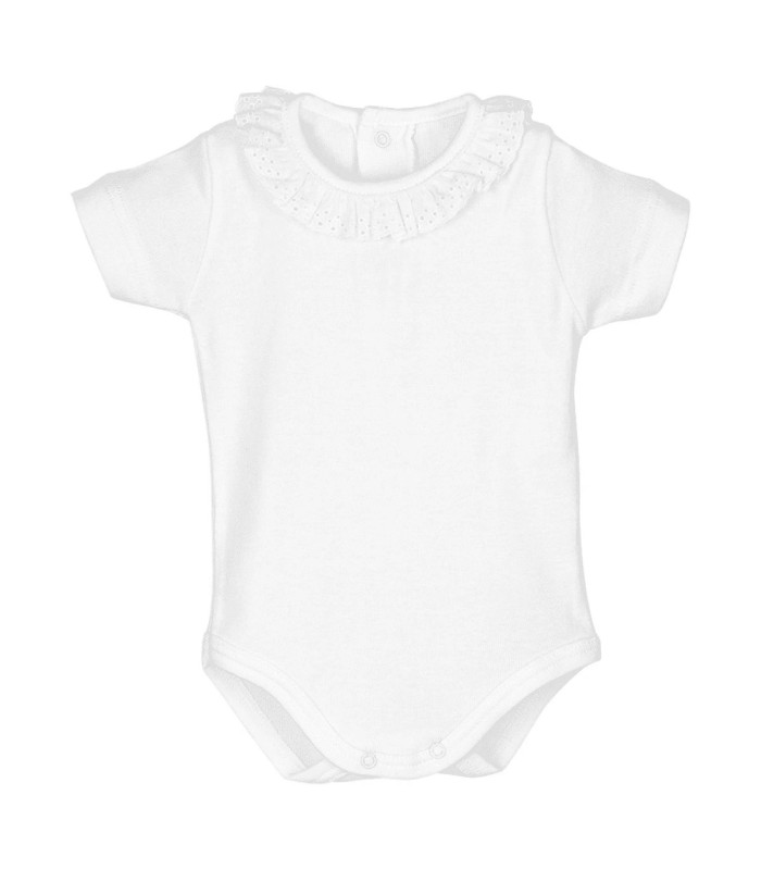 Body bebé blanco cuello puntilla manga corta Calamaro, foto catalogo.