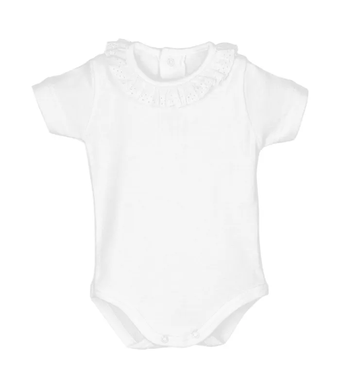Body bebé blanco cuello puntilla manga corta Calamaro, foto catalogo.
