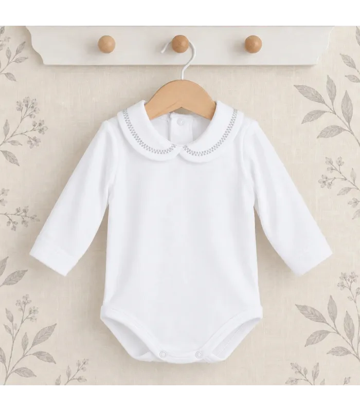 Body bebé blanco cuello bordado gris Calamaro Bel