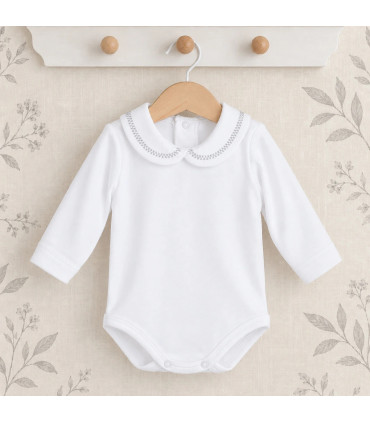 Body bebé blanco cuello bordado gris Calamaro Bel